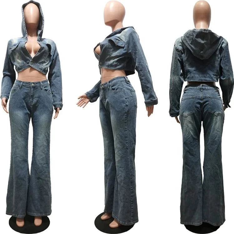 Fashion Denim Pants Outfit Sexy Women Two Pieces Elegant Jeans Casual Matching Set Hooded Top+Flare Trousers
