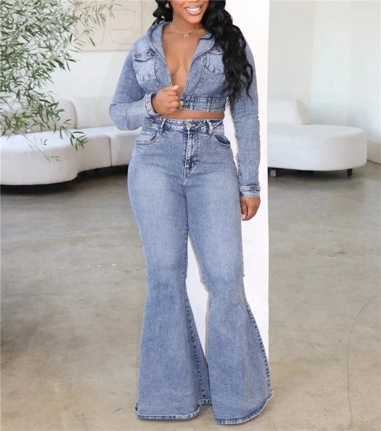 Fashion Denim Pants Outfit Sexy Women Two Pieces Elegant Jeans Casual Matching Set Hooded Top+Flare Trousers