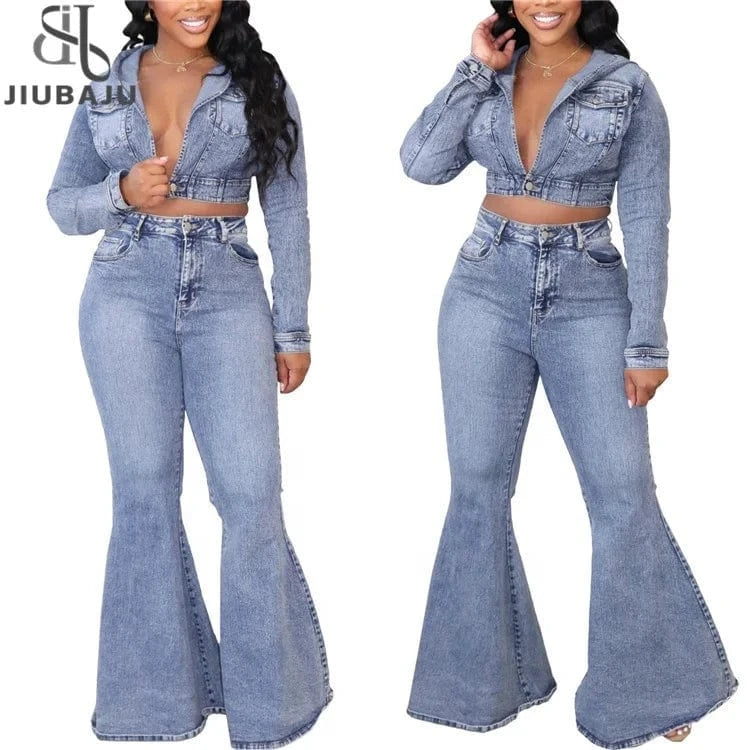 Fashion Denim Pants Outfit Sexy Women Two Pieces Elegant Jeans Casual Matching Set Hooded Top+Flare Trousers