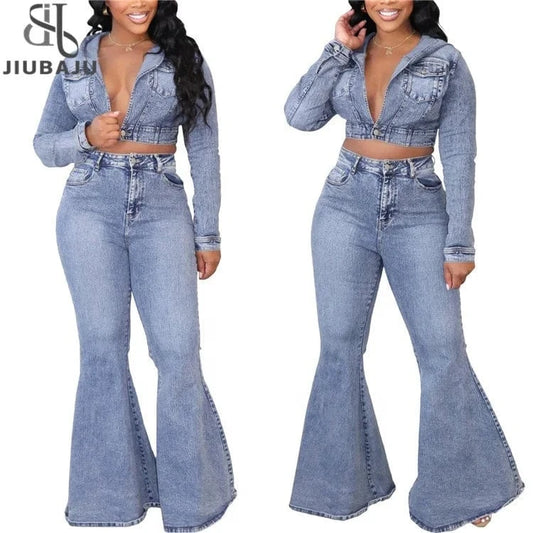 Fashion Denim Pants Outfit Sexy Women Two Pieces Elegant Jeans Casual Matching Set Hooded Top+Flare Trousers