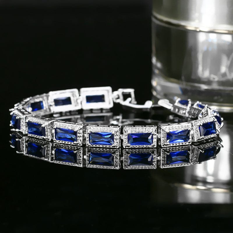 Fashion Design Women Wedding Wristband Jewelry Silver Plated Bracelet with Princess Cut  Blue Color Square Cubic Zirconia Stone