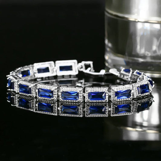 Fashion Design Women Wedding Wristband Jewelry Silver Plated Bracelet with Princess Cut  Blue Color Square Cubic Zirconia Stone
