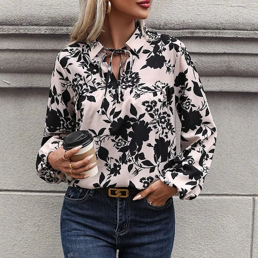 Fashion Elegant Design Turn Down Collar Floral Printed Long Sleeve Blouse Simple Style Shirts Women