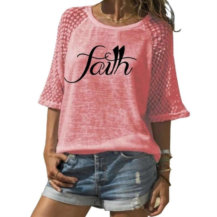 Fashion Faith Letters Print Lace Crew Neck T Shirt T Shirt For Women Top T Shirt Women Graphic Tees Women Streetwear Summer