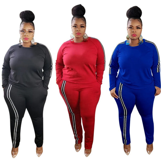 Fashion Fall and winter casual women sportswear long-sleeved trousers solid color striped plus size 5XL sports suit