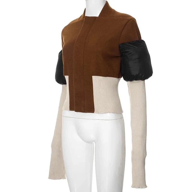 Fashion Fall Autumn Patchwork Casual Long Sleeve Woolen Short Crop Bomber Jacket Winter Coat For Women