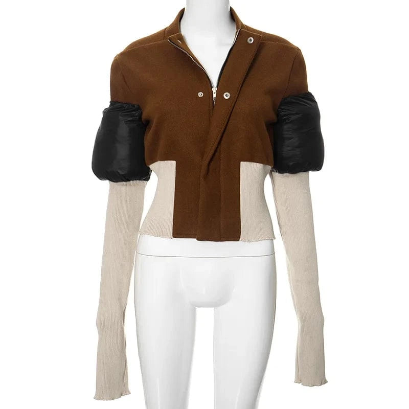 Fashion Fall Autumn Patchwork Casual Long Sleeve Woolen Short Crop Bomber Jacket Winter Coat For Women