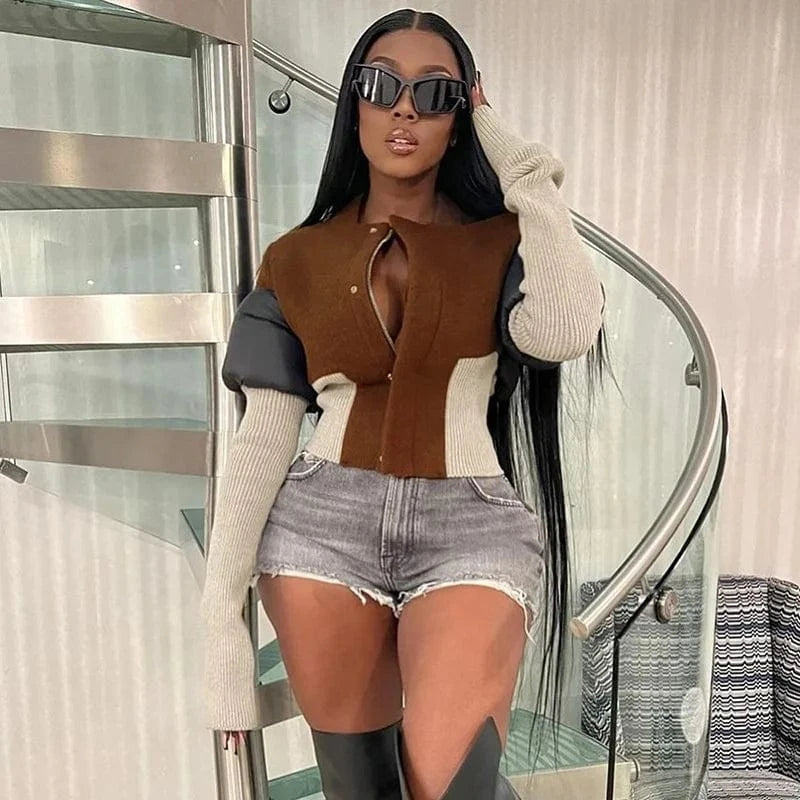 Fashion Fall Autumn Patchwork Casual Long Sleeve Woolen Short Crop Bomber Jacket Winter Coat For Women