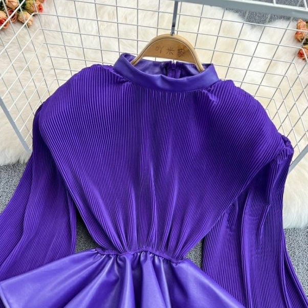 Fashion fall high quality faux leather patchwork ladies blouse top casual pleated ruffle long sleeve tops for women