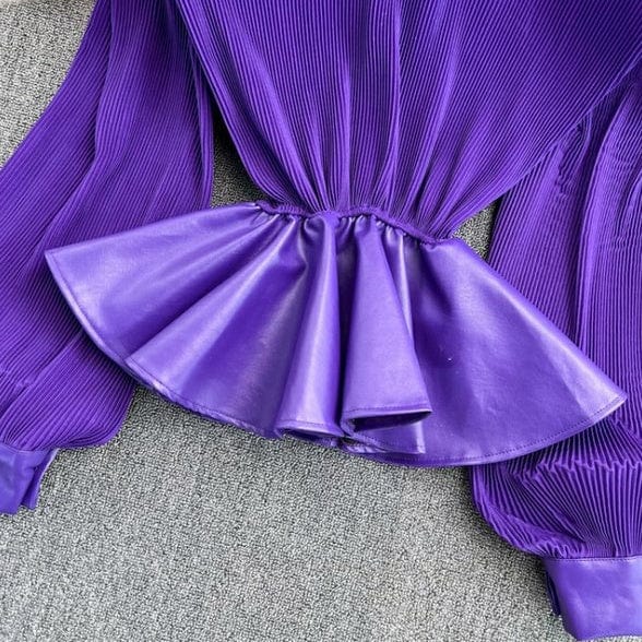 Fashion fall high quality faux leather patchwork ladies blouse top casual pleated ruffle long sleeve tops for women