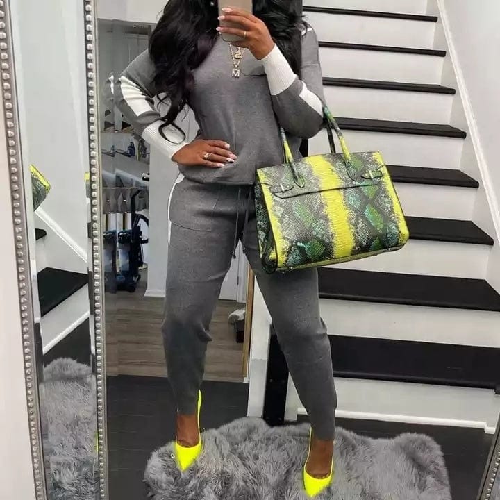 Fashion fall ladies lounge wear patchwork color block sweater and jogger set women casual knitted pant 2 two piece sweater sets