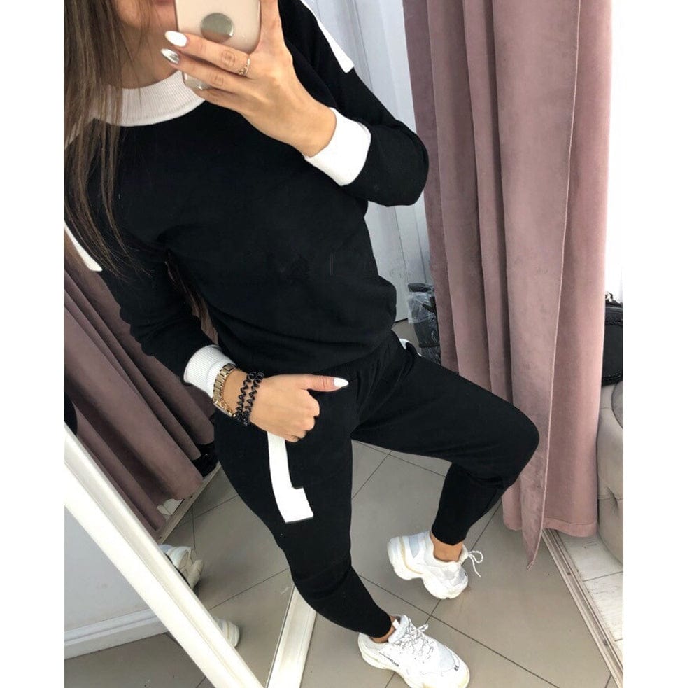 Fashion fall ladies lounge wear patchwork color block sweater and jogger set women casual knitted pant 2 two piece sweater sets