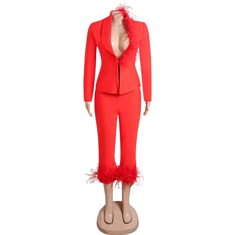 Fashion Fall Red Bandage Suit Feather Adorned Jacket Sexy Winter 2023 Two Piece Set For Women