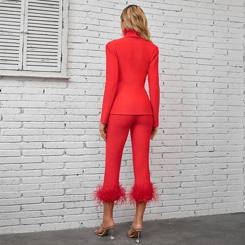 Fashion Fall Red Bandage Suit Feather Adorned Jacket Sexy Winter 2023 Two Piece Set For Women