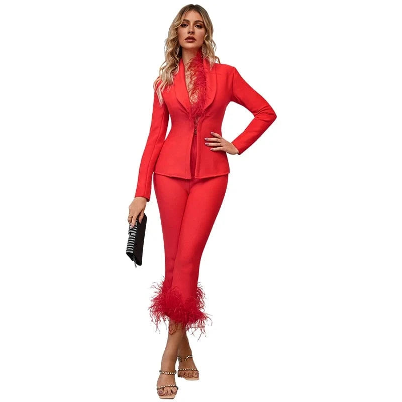 Fashion Fall Red Bandage Suit Feather Adorned Jacket Sexy Winter 2023 Two Piece Set For Women