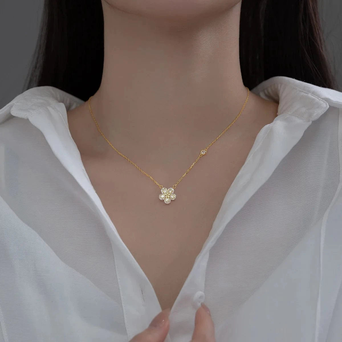 fashion fine jewelry 925 sterling silver flower diamond five petals zircon pendant gold plated necklaces women