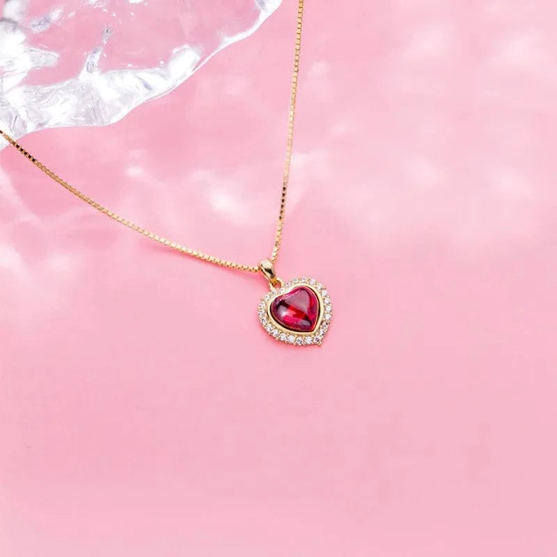fashion fine jewelry 925 sterling silver red love heart diamond zircon pendant gold plated necklaces women Valentine's Day