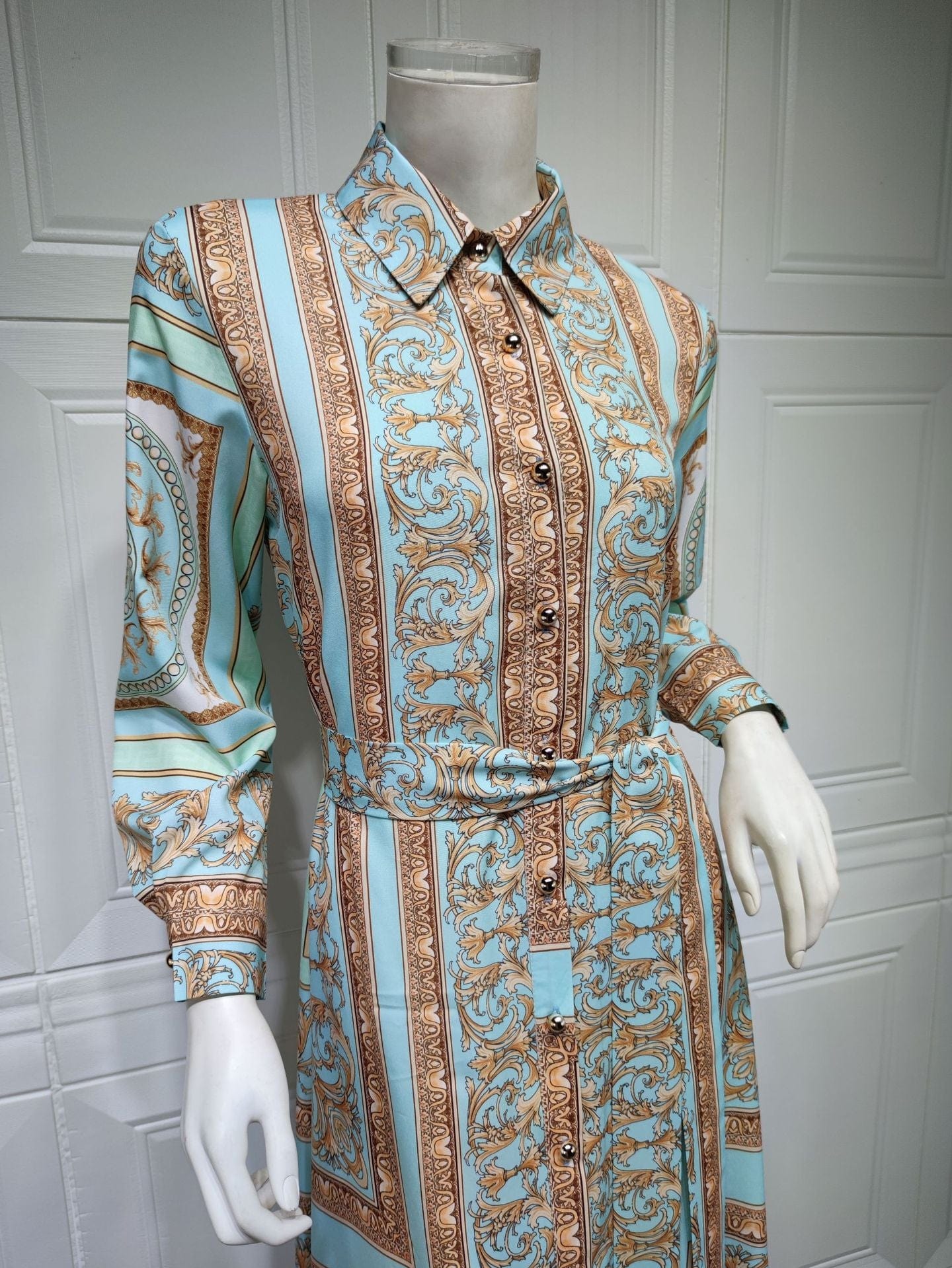 Fashion Floral Print Dubai Turkey Button Long Dress with Belt Middle East Islamic Clothing Luxury Women Muslim Maxi Dress