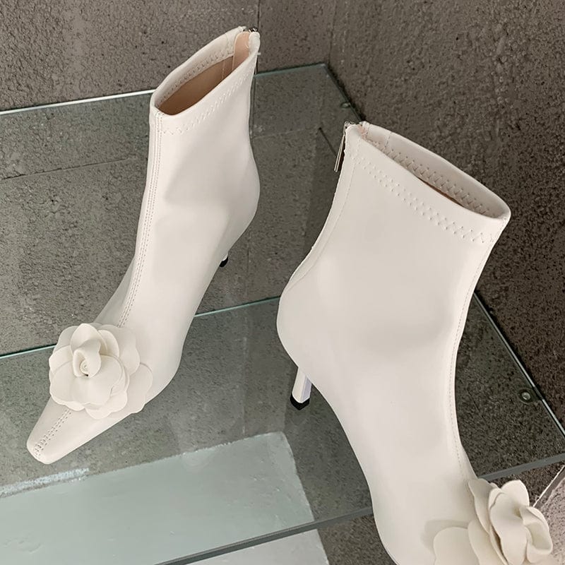 Fashion Flower PU Sewing Decoration 2023 New Solid Square Toe Thin High Heel Office Lady Ankle Boots Zippers 35-39 Women Shoes