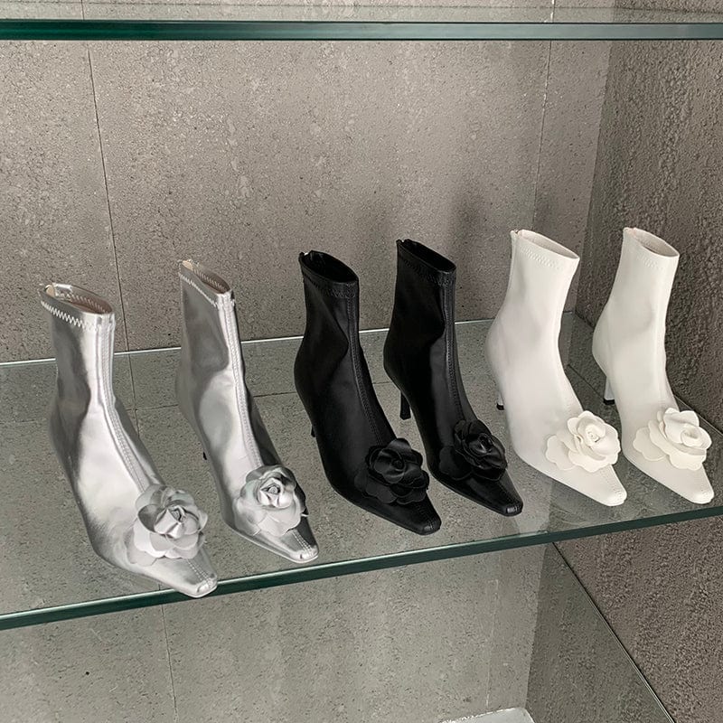 Fashion Flower PU Sewing Decoration 2023 New Solid Square Toe Thin High Heel Office Lady Ankle Boots Zippers 35-39 Women Shoes