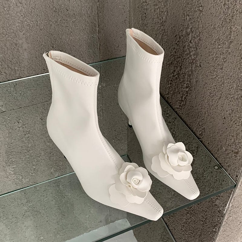 Fashion Flower PU Sewing Decoration 2023 New Solid Square Toe Thin High Heel Office Lady Ankle Boots Zippers 35-39 Women Shoes