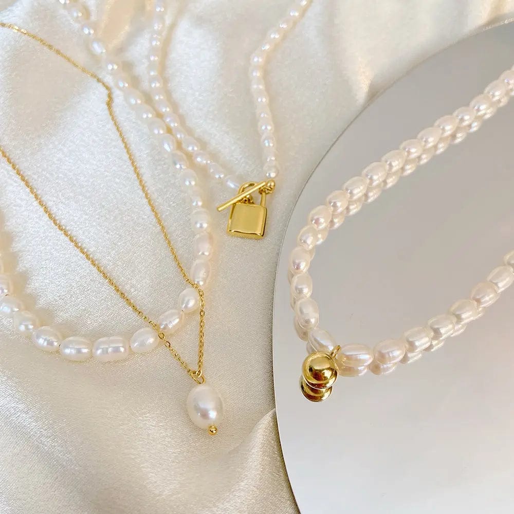 Fashion Freshwater Pearl Short Vintage Necklace 18k Gold Plated Stainless Steel Ball/Lock Pendant/Fine Chain Double Jewelry 2023