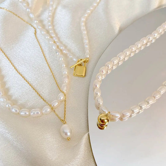 Fashion Freshwater Pearl Short Vintage Necklace 18k Gold Plated Stainless Steel Ball/Lock Pendant/Fine Chain Double Jewelry 2023