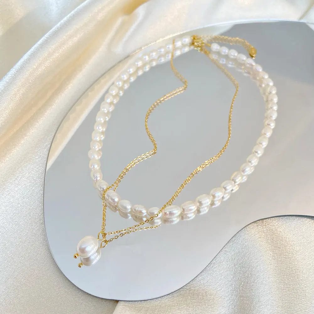 Fashion Freshwater Pearl Short Vintage Necklace 18k Gold Plated Stainless Steel Ball/Lock Pendant/Fine Chain Double Jewelry 2023