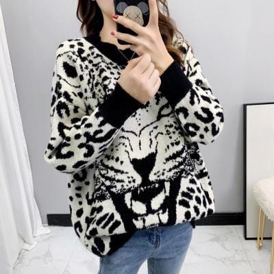 Fashion Girls Stylish Knitted Cute Cartoon Tiger Print Oversize Fat Women Pullover Sweater Jumper