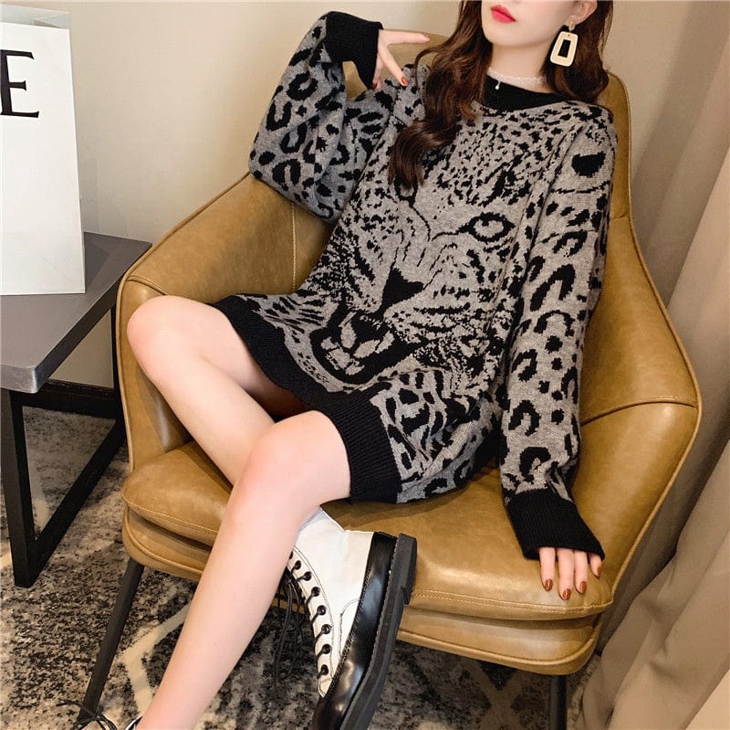 Fashion Girls Stylish Knitted Cute Cartoon Tiger Print Oversize Fat Women Pullover Sweater Jumper