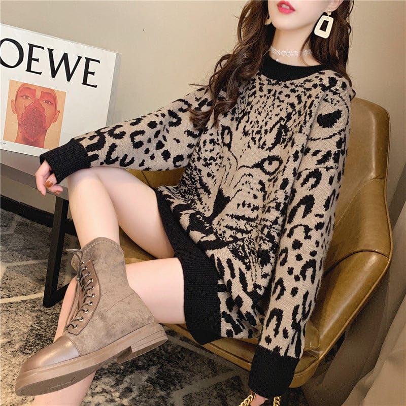 Fashion Girls Stylish Knitted Cute Cartoon Tiger Print Oversize Fat Women Pullover Sweater Jumper
