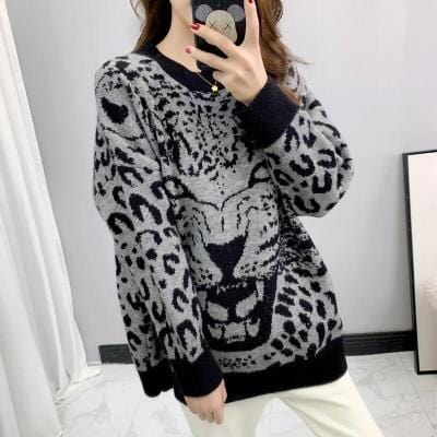 Fashion Girls Stylish Knitted Cute Cartoon Tiger Print Oversize Fat Women Pullover Sweater Jumper
