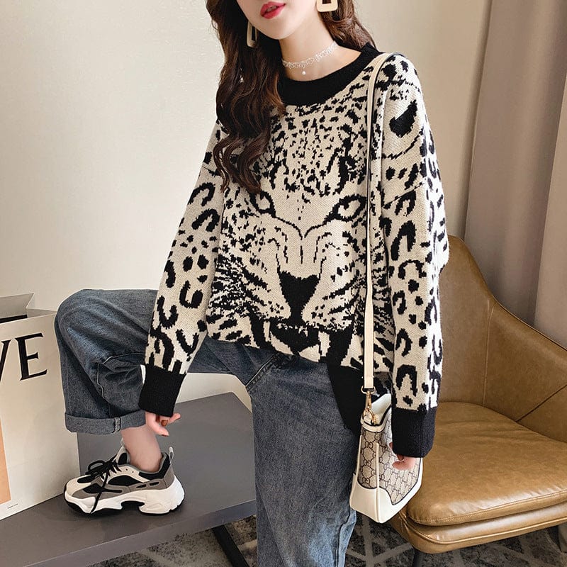 Fashion Girls Stylish Knitted Cute Cartoon Tiger Print Oversize Fat Women Pullover Sweater Jumper