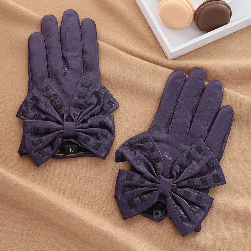 Fashion girls touchscreen bow leather yellow sheepskin gloves