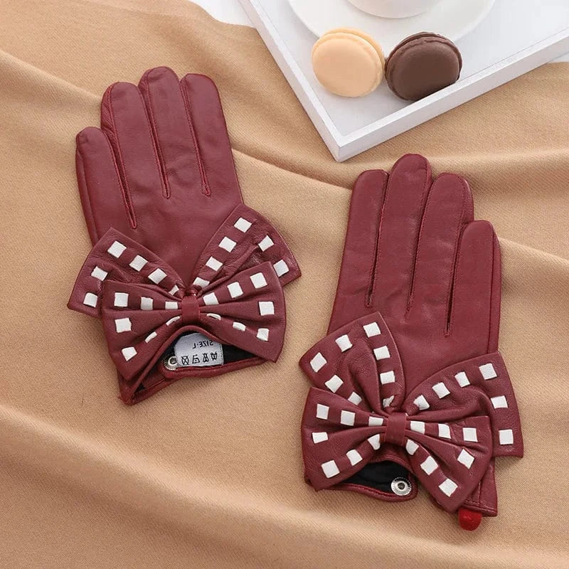 Fashion girls touchscreen bow leather yellow sheepskin gloves