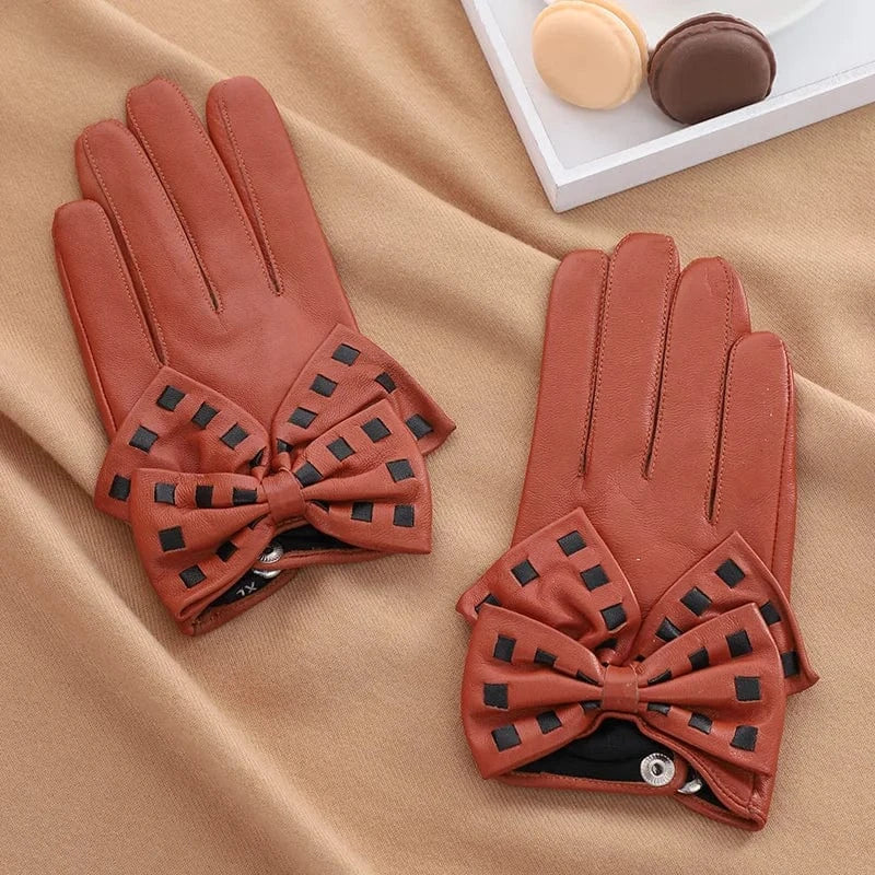 Fashion girls touchscreen bow leather yellow sheepskin gloves