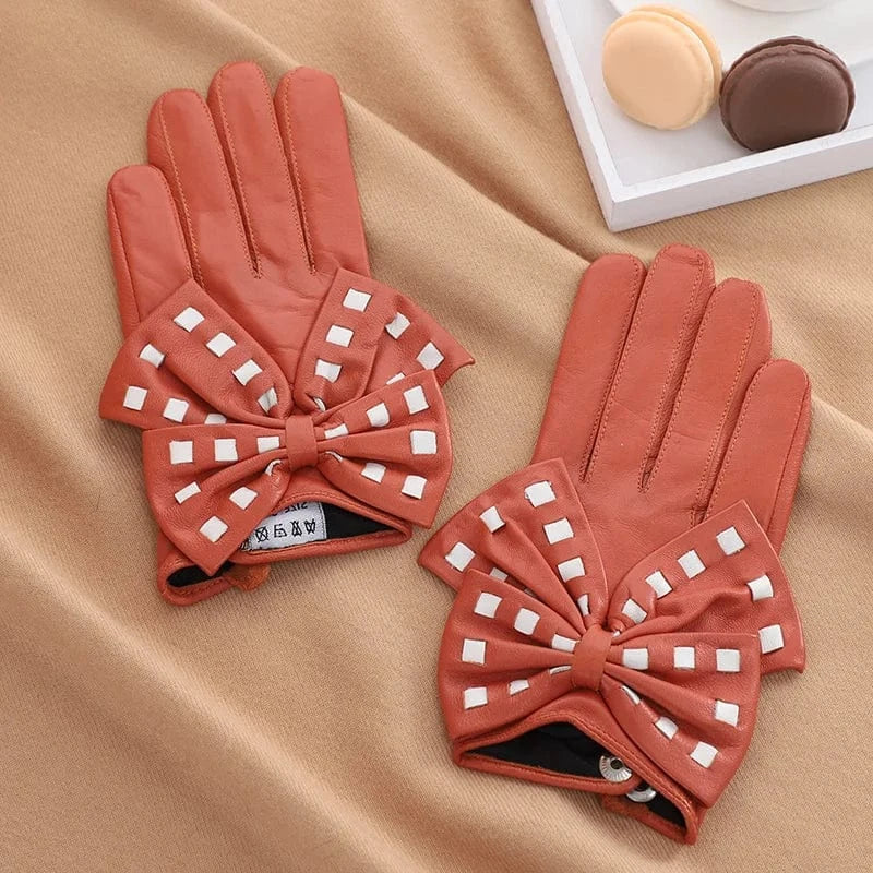 Fashion girls touchscreen bow leather yellow sheepskin gloves