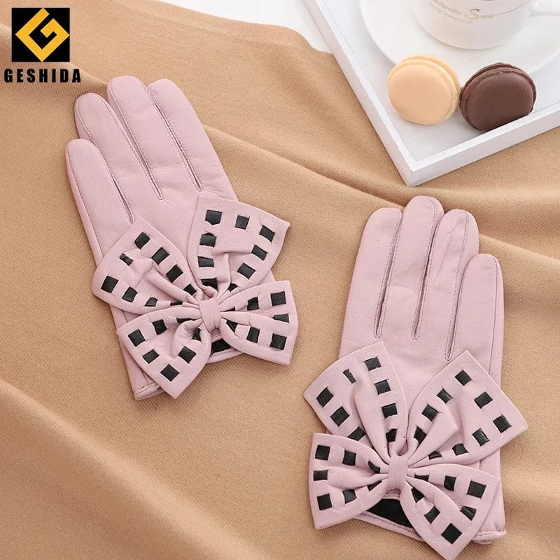 Fashion girls touchscreen bow leather yellow sheepskin gloves
