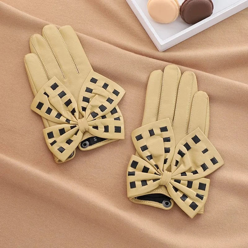 Fashion girls touchscreen bow leather yellow sheepskin gloves