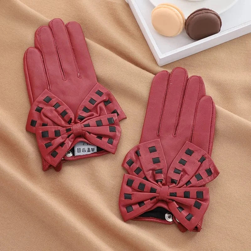 Fashion girls touchscreen bow leather yellow sheepskin gloves
