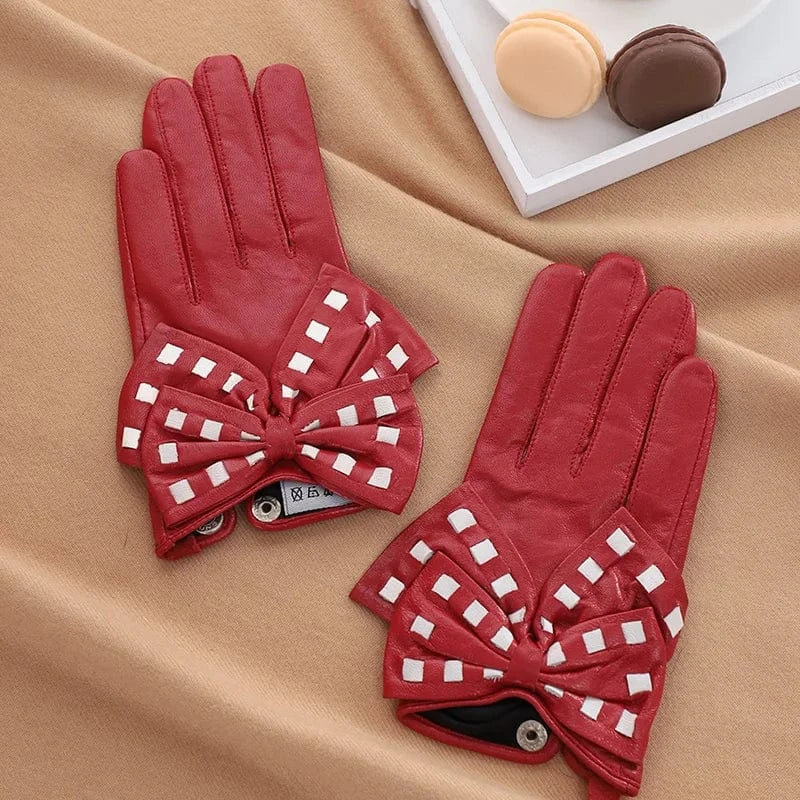 Fashion girls touchscreen bow leather yellow sheepskin gloves