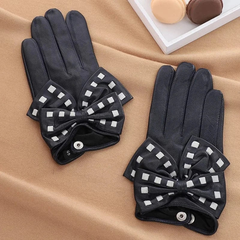Fashion girls touchscreen bow leather yellow sheepskin gloves