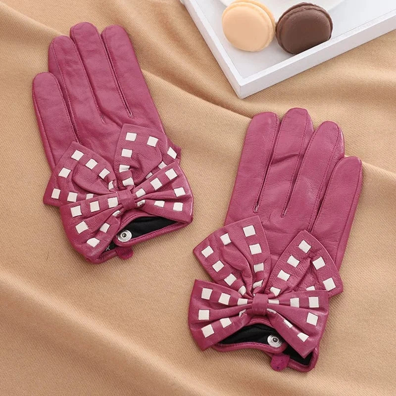 Fashion girls touchscreen bow leather yellow sheepskin gloves