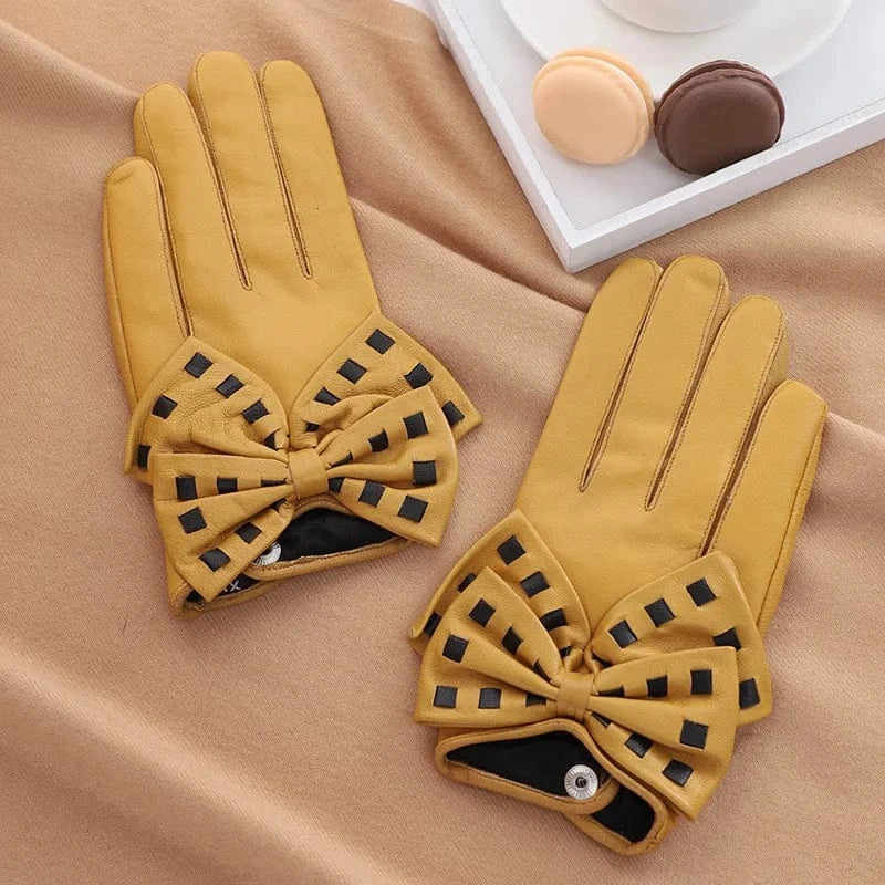 Fashion girls touchscreen bow leather yellow sheepskin gloves