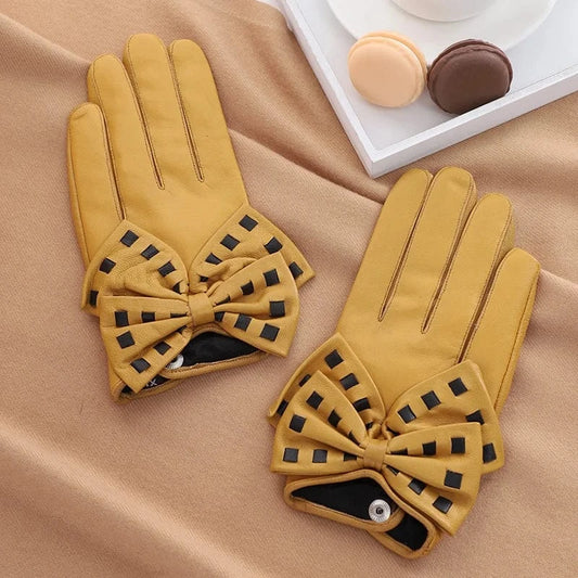 Fashion girls touchscreen bow leather yellow sheepskin gloves