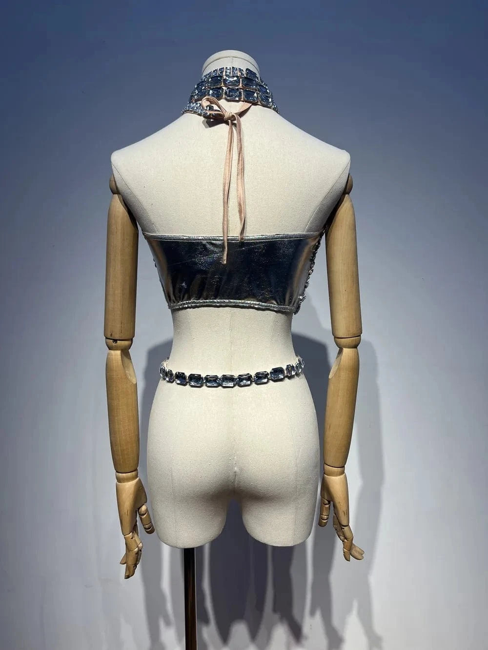 Fashion Hot Club Party Sexy Shiny Halter Vest Tank Top Silver Crystal Rhinestone Short Women's Crop Top