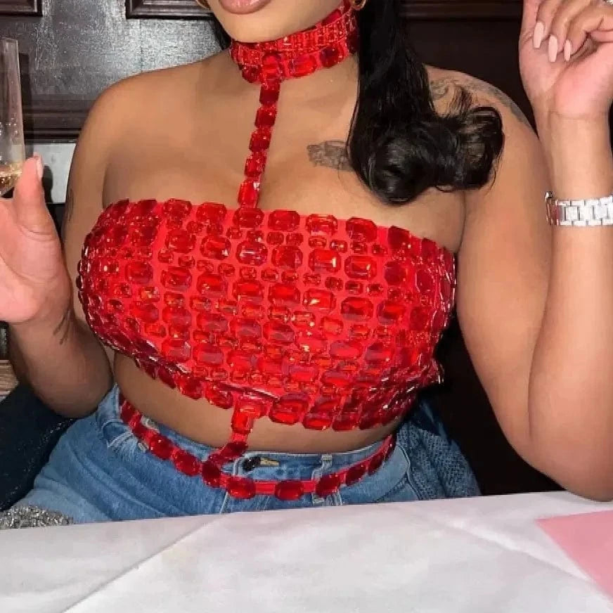 Fashion Hot Club Party Sexy Shiny Halter Vest Tank Top Silver Crystal Rhinestone Short Women's Crop Top