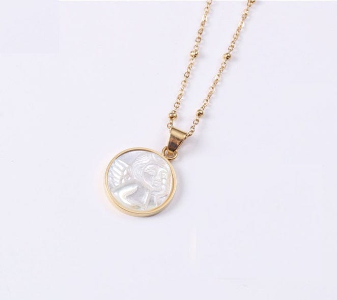 Fashion Jewelry 18K Gold Plated Cowry Angel & Jesus Round Card Pendant Clavicle Necklace Stainless Steel Jewelry