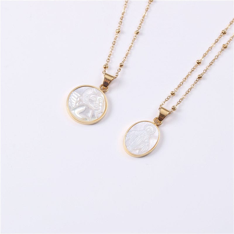 Fashion Jewelry 18K Gold Plated Cowry Angel & Jesus Round Card Pendant Clavicle Necklace Stainless Steel Jewelry