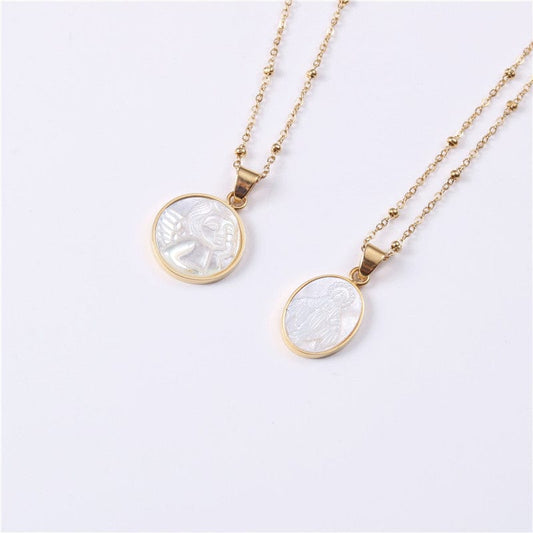 Fashion Jewelry 18K Gold Plated Cowry Angel & Jesus Round Card Pendant Clavicle Necklace Stainless Steel Jewelry